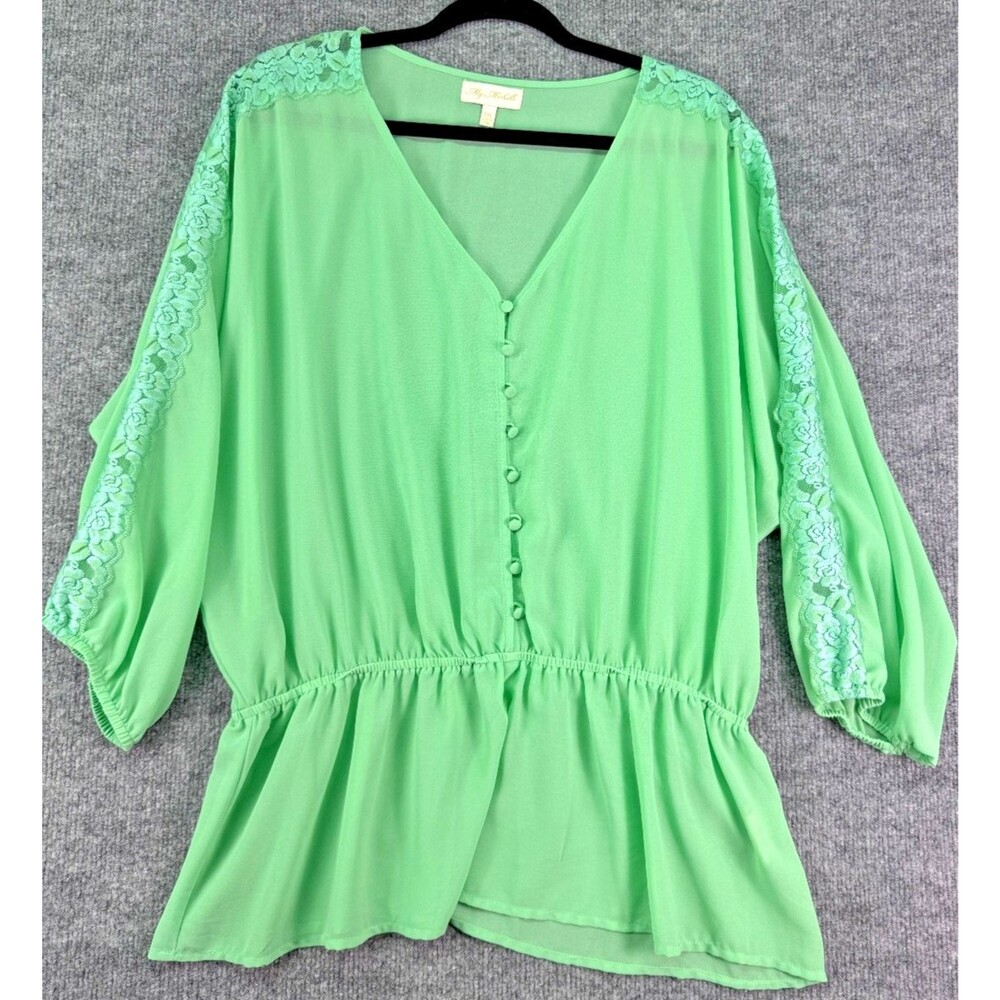 My Michelle Peplum Blouse XXL Green Lace Trim Sleeves Button Front V-Neck Top